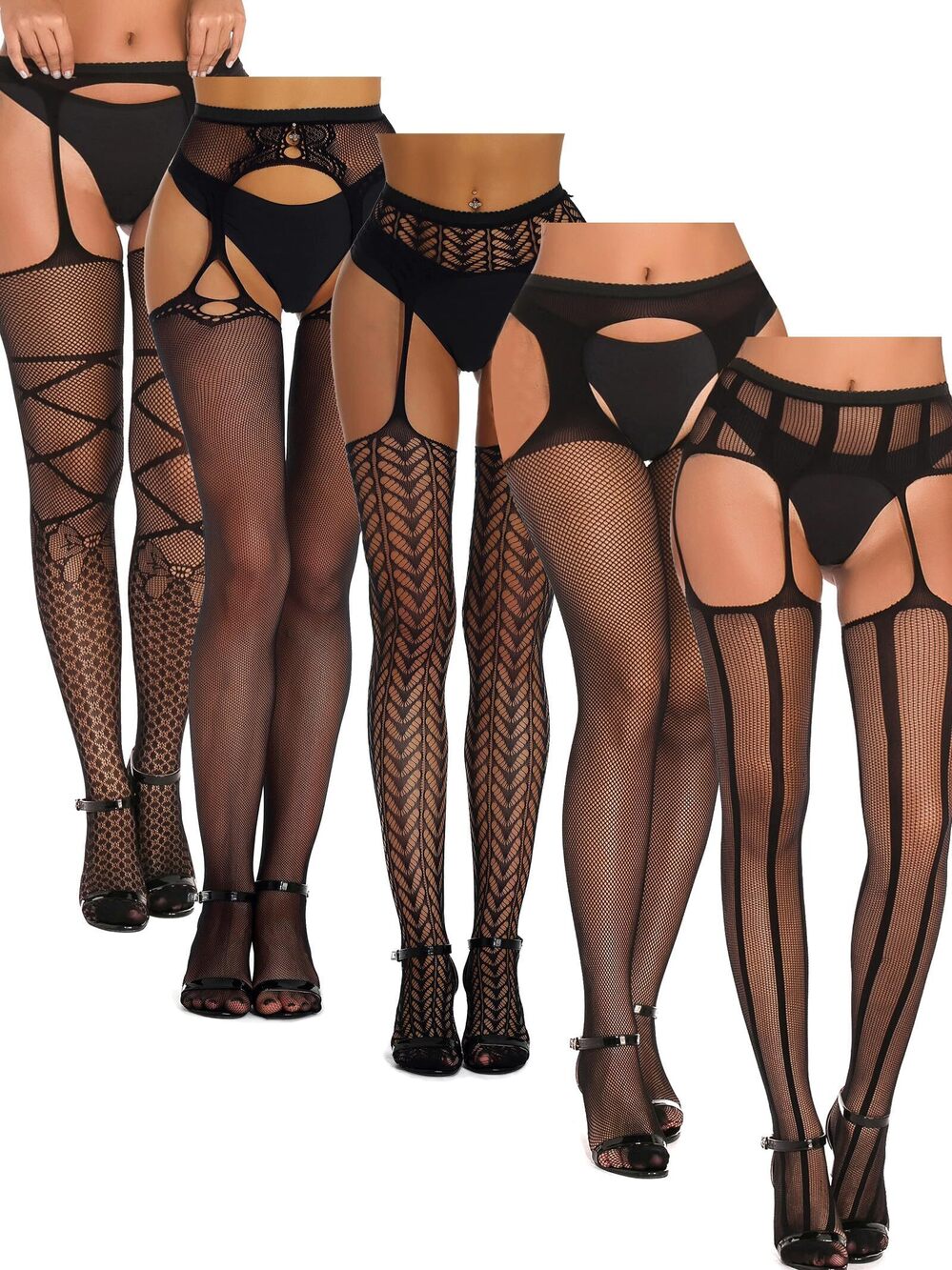 7122 5 Pairs Black Thigh High Stockings Patterned Tights-Fishnet/Net,Garter
